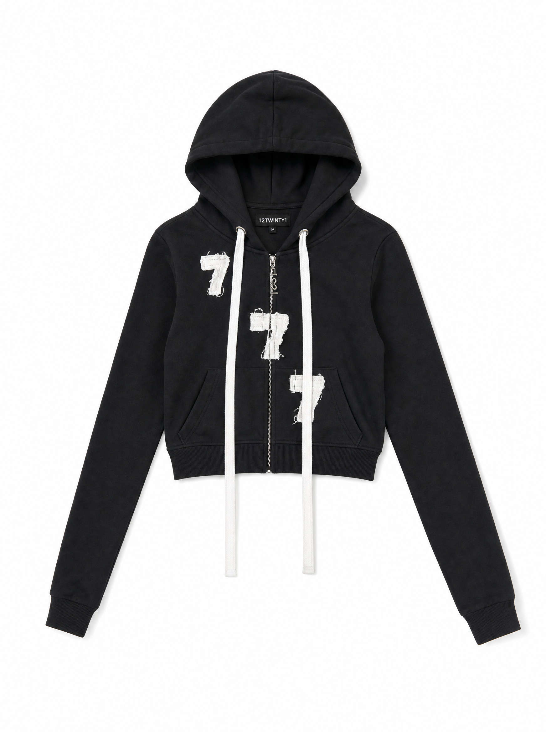 Women's "777" Cropped Zip-Up Hoodie Black - Front