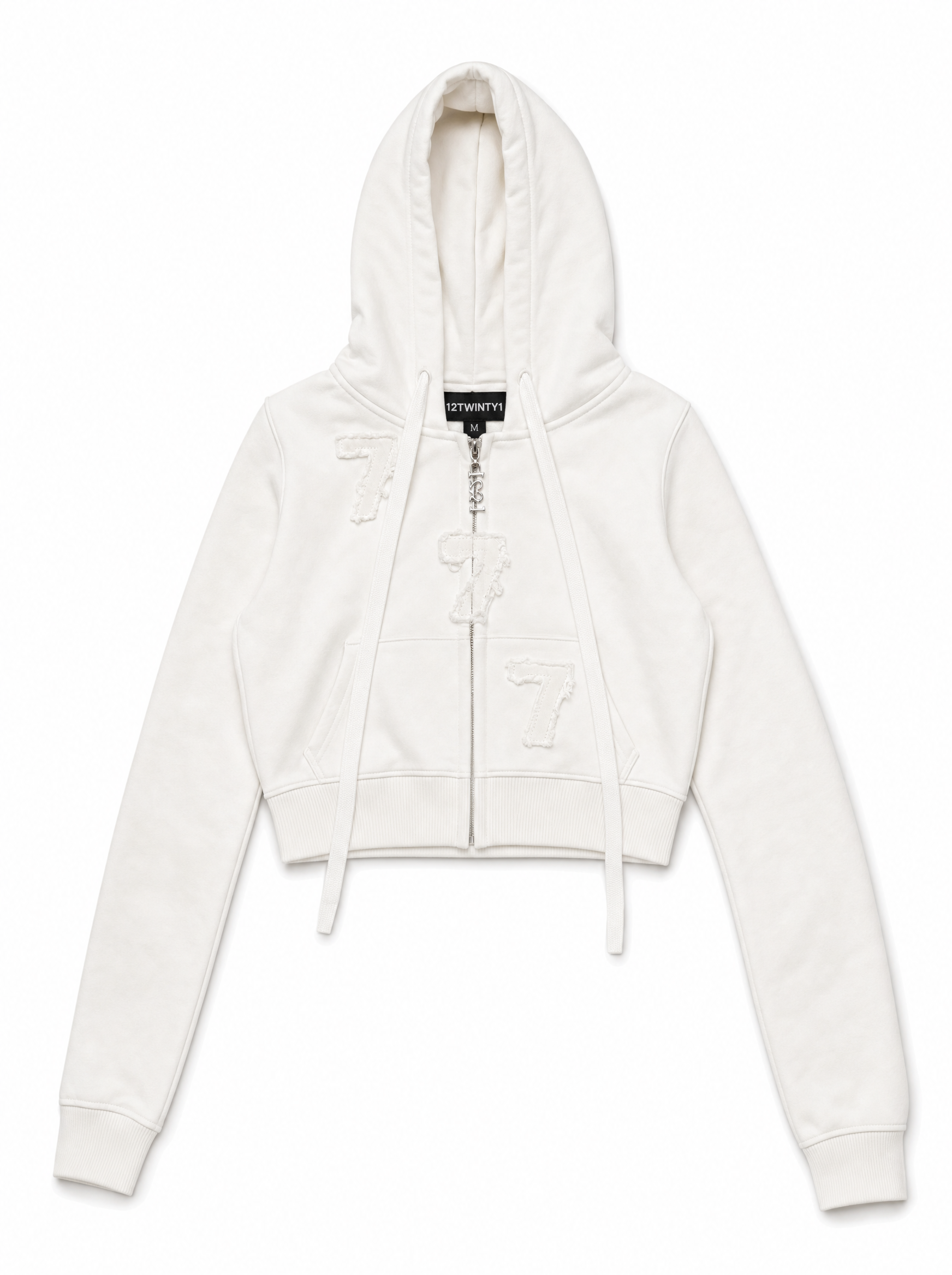 Women's "777" Cropped Zip-Up Hoodie White - Front