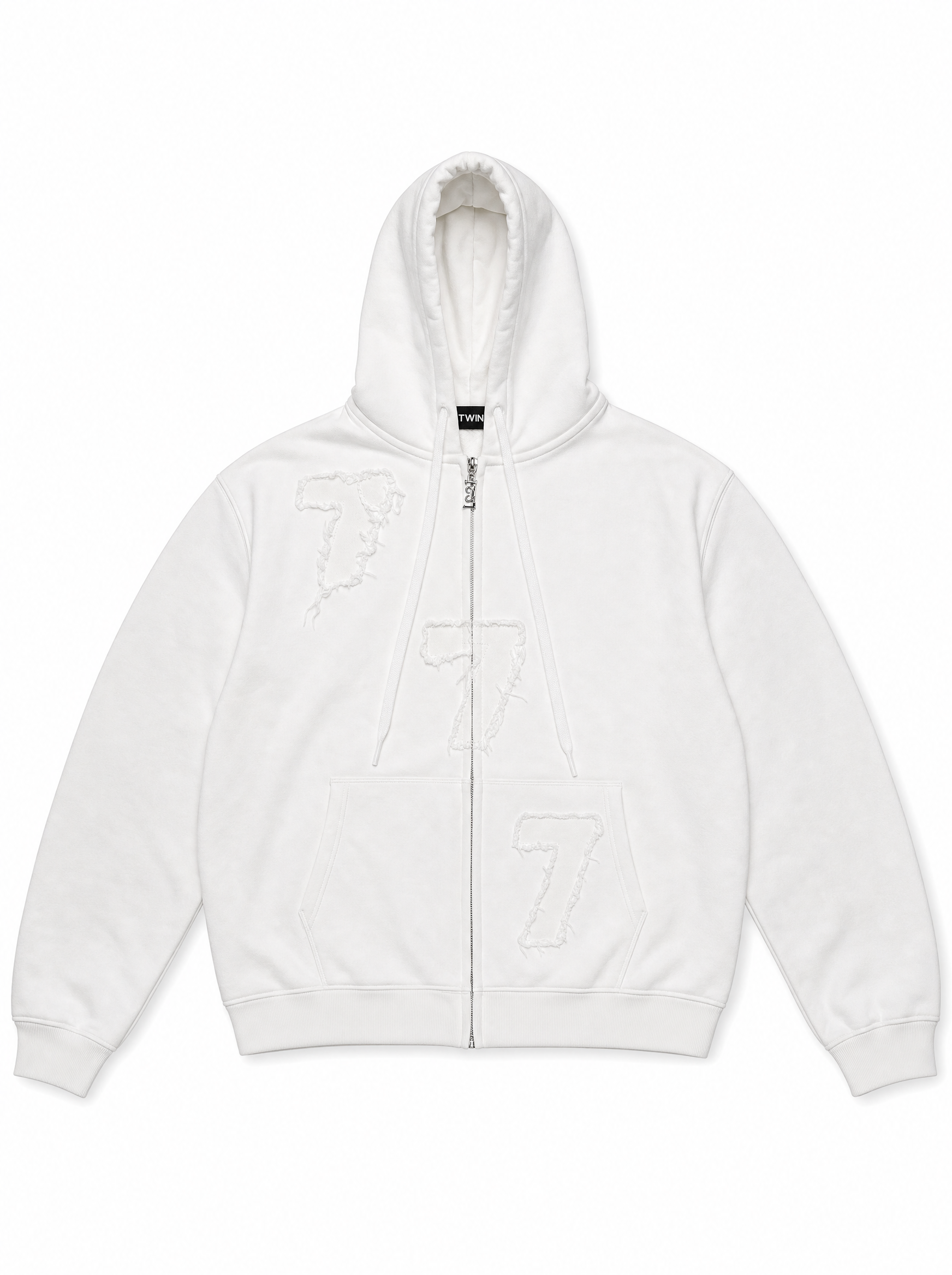 Unisex 777 Zip-Up Hoodie in White, front view